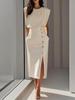 European Apricot Waist-Cinched Summer Dress, Women's Round Neck with Button Slit, 2026 Collection
