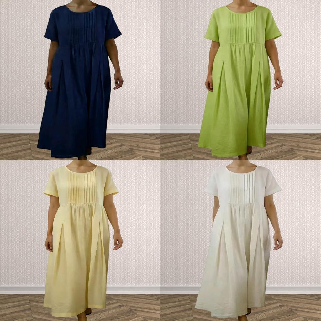 Cotton Linen Pleated Midi Dress With Loose Waist For Casual Wear