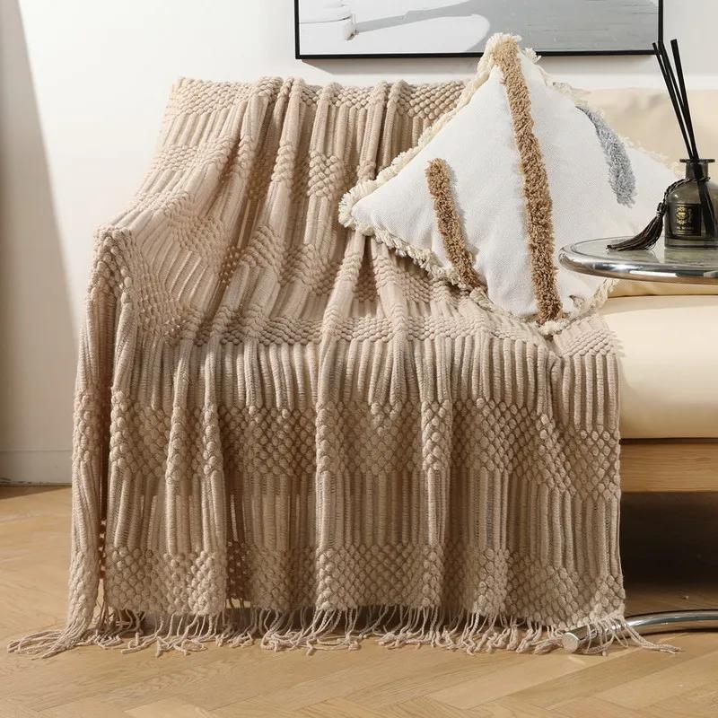 Luxury Solid Color Fringe Bean Blankets Tassels Knitted Throw Blanket Chunky Cozy Farmhouse Gift All Season Comfort For Home