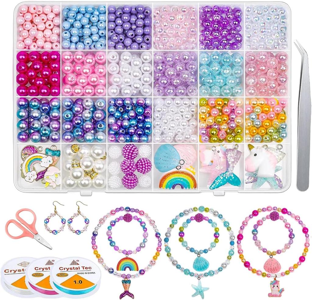 Meschett DIY Beaded Bracelet Making Kit with Pearl Beads for and Rainbow and 773 Pieces Mermaid, Starfish, Shell, Unicorn, Charms, Necklaces, Crafts,