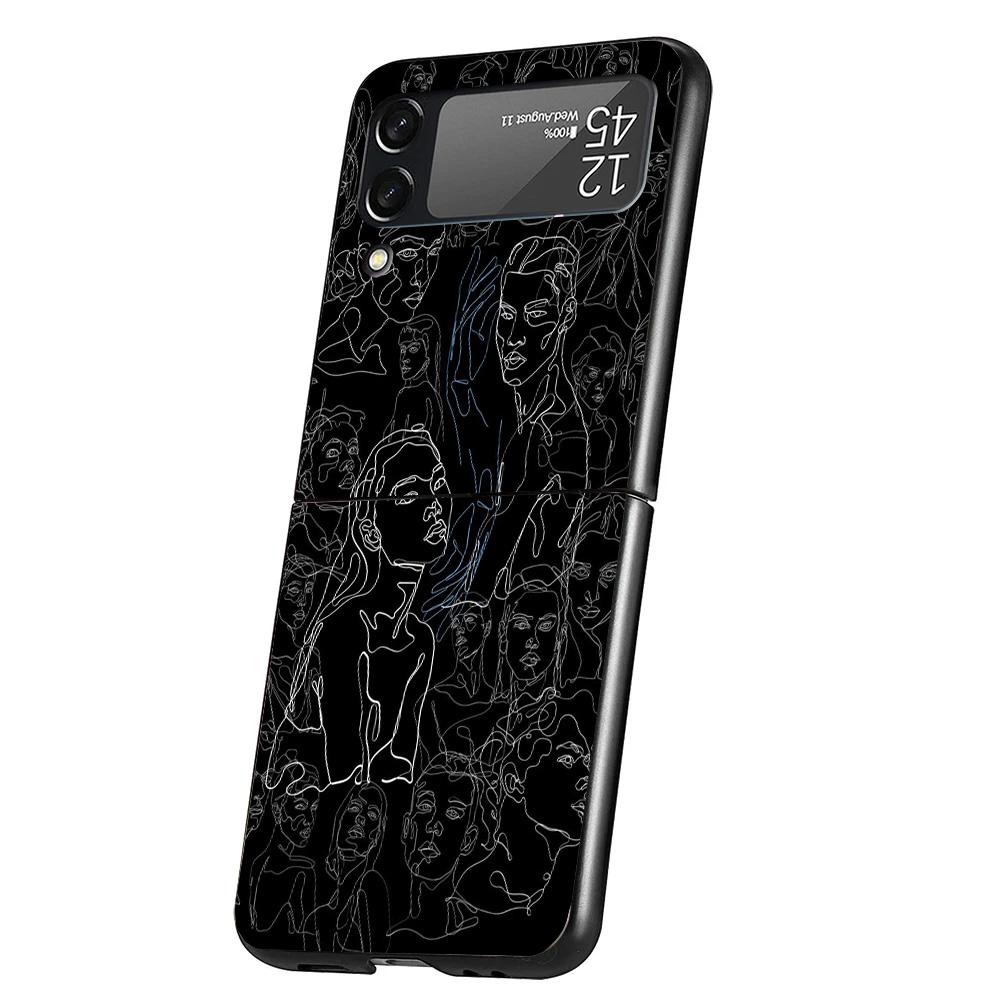 Abstract Line Women Face Case Phone Cover for Samsung Galaxy Z Flip 6 5 4 3 5G ZFlip6 ZFlip5 ZFlip4 ZFlip3 Black Hard Trend Fund