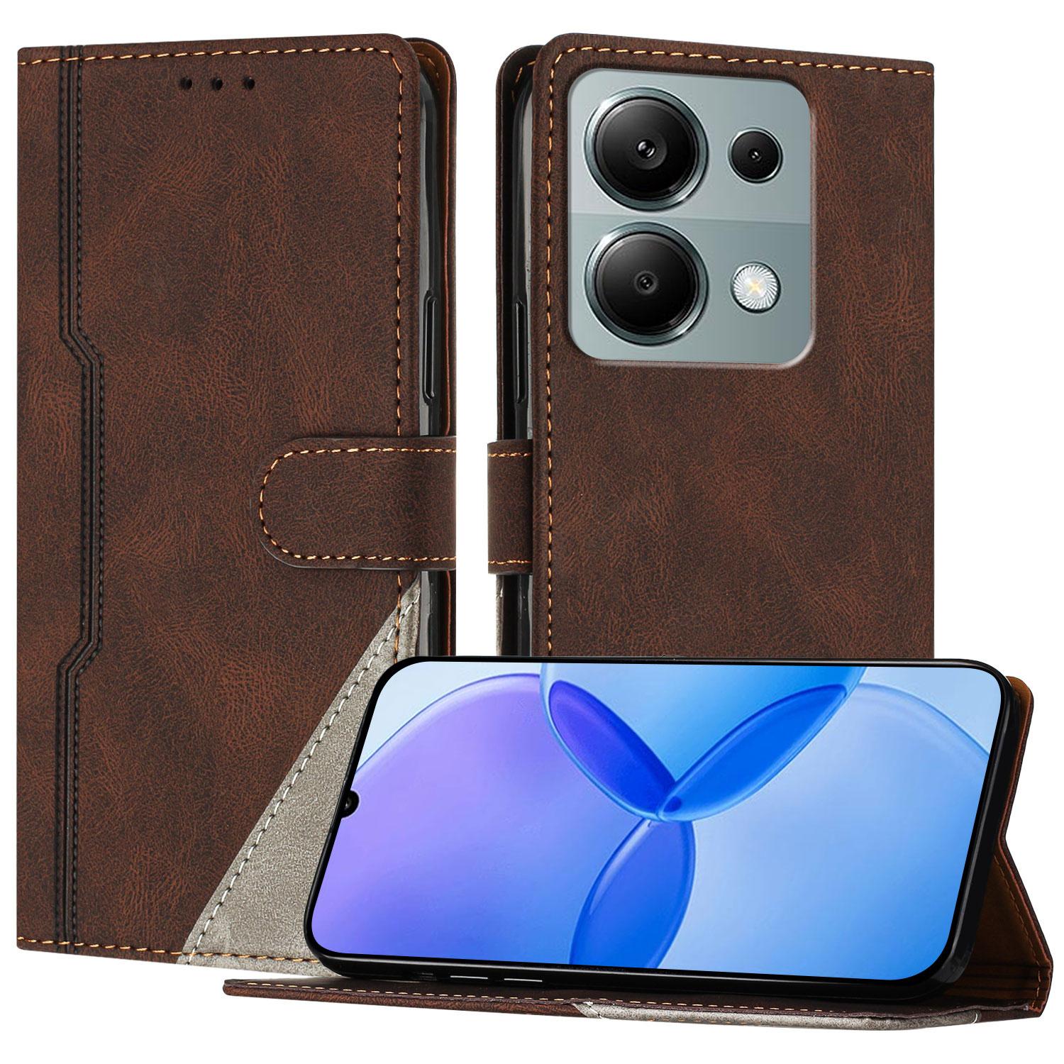 

For Xiaomi Redmi Note 13 Pro 4G Leather Case Triangle Patchwork Wallet Stand Shockproof Phone Cover Brown