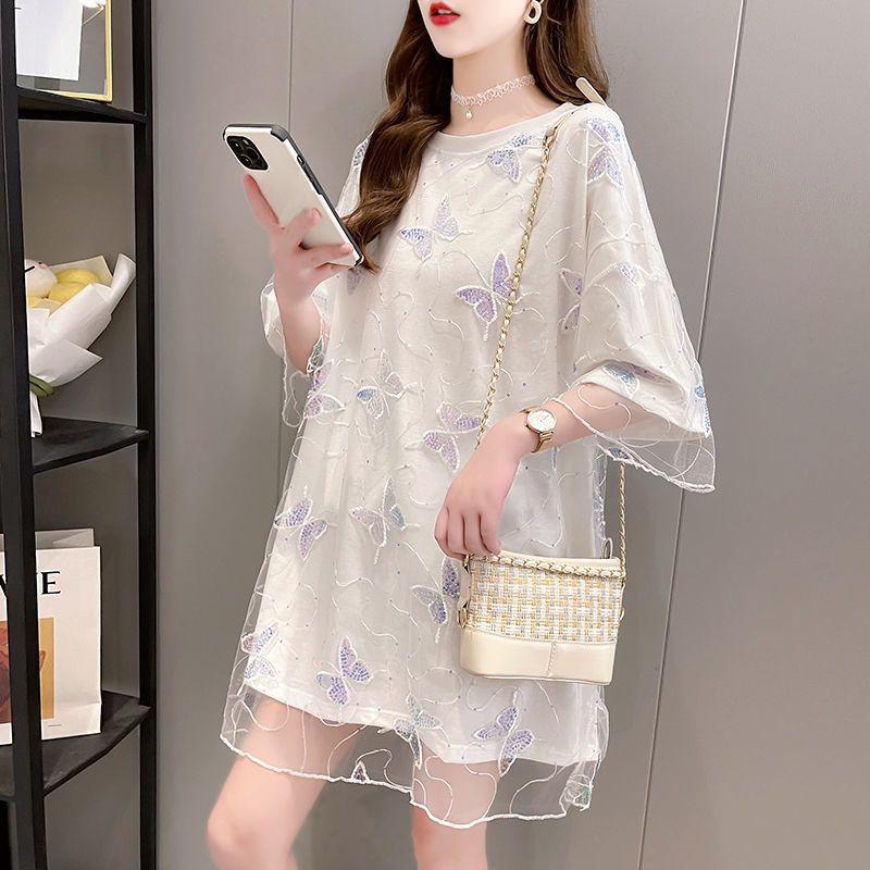 Women Summer Mesh Butterfly Patchwork T-shirts Short Sleeve Loose Tops Korean Style Fake Two Pieces Oversized Tshirts