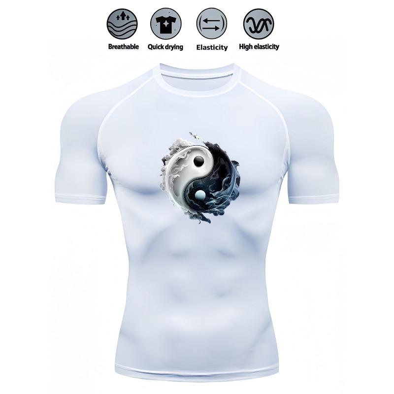 Mens White Compression Short Sleeve T-Shirt Yin Yang Graphic Quick Dry Breathable High Elasticity Gym And Running Athletic Top