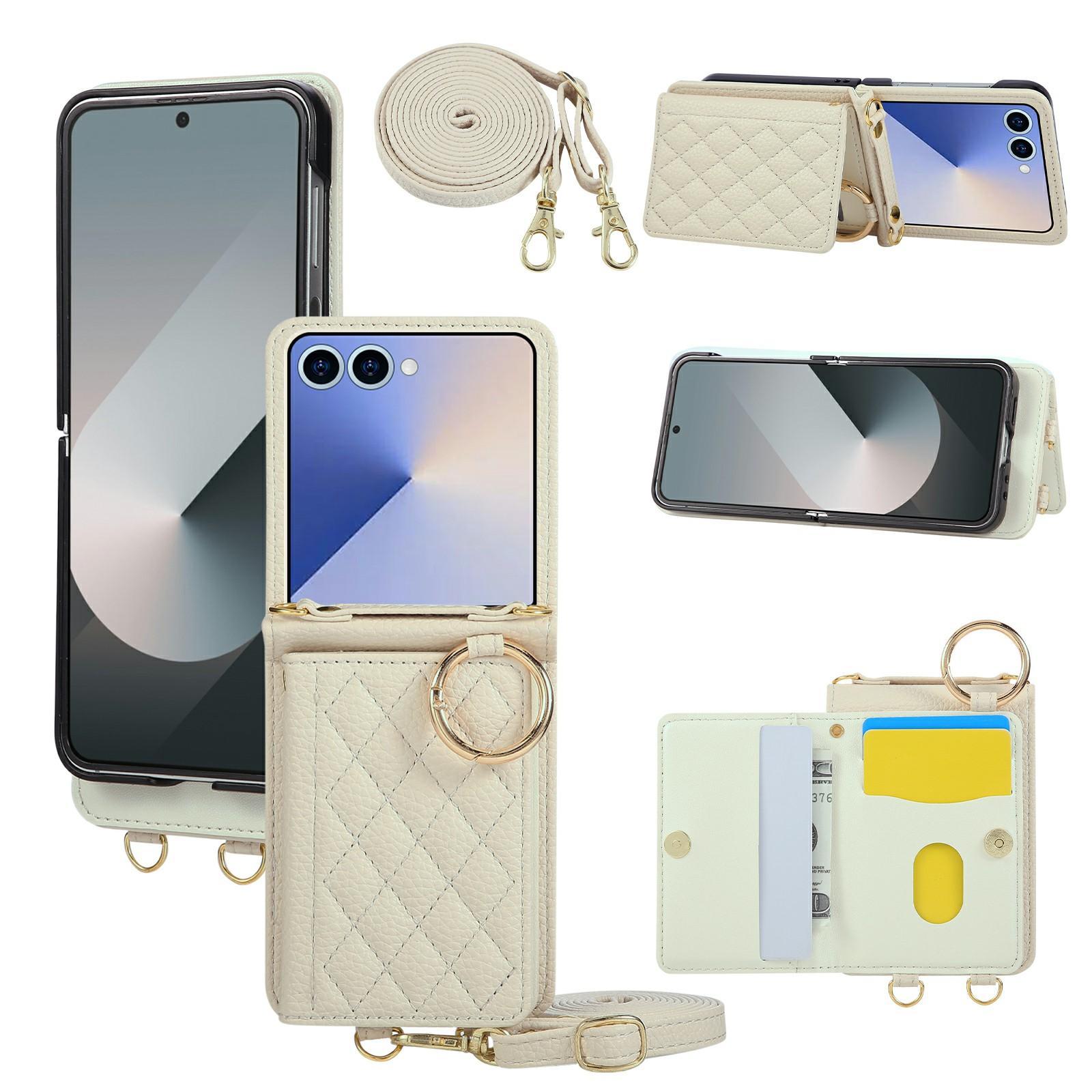 

For Samsung Galaxy Z Flip7 5G Case Kickstand Rhombus Leather+TPU Phone Cover with Shoulder Strap Beige