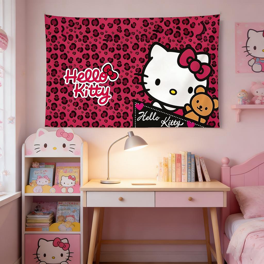 Sanrio Hello Kitty Rosa Leopard Wandteppich Niedlicher Cartoon Wandbehang Kinderzimmer Dekoration Hello Kitty Fan Geschenk Flachdruck