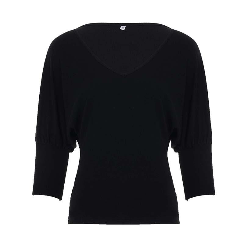 Black Deep V Neck Slim Fit Knit T Shirt Mid Sleeve Women S Top S