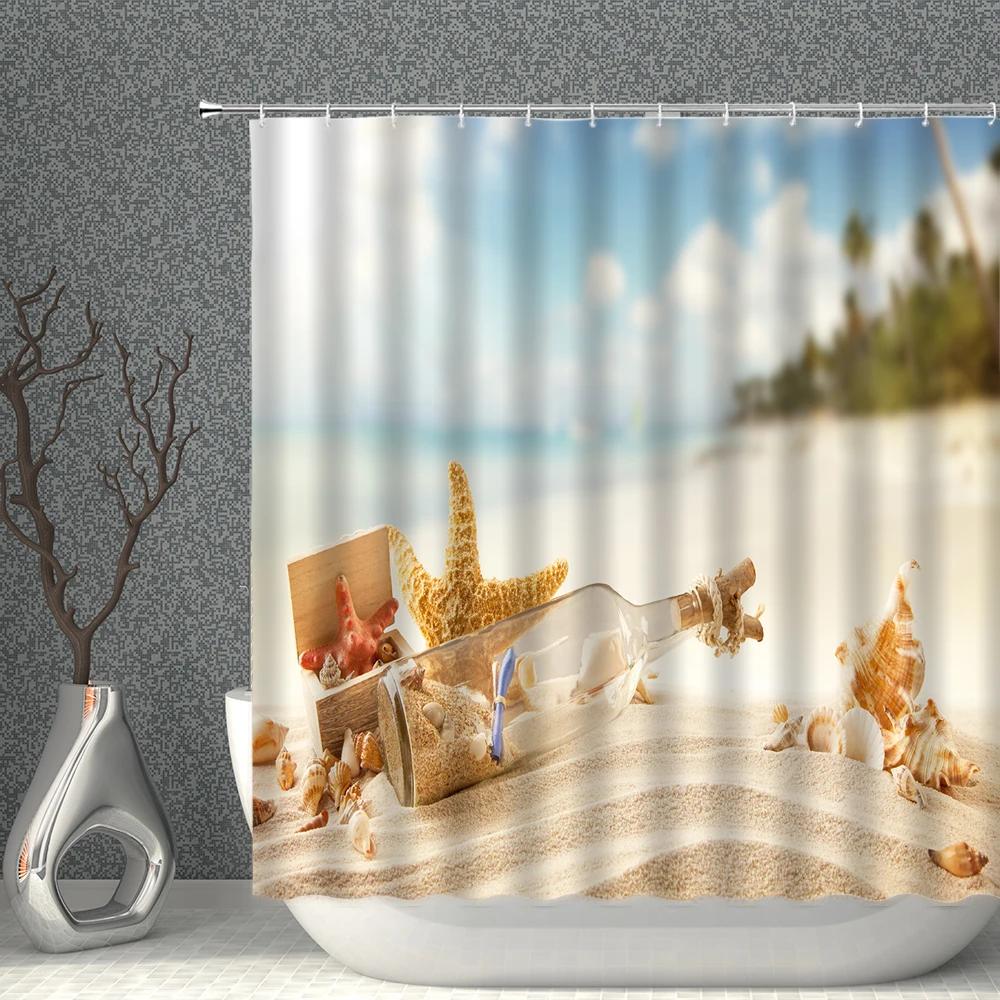 Starfish Shower Curtain Set Starfishs Shells Seascape Ocean Bath Curtains Waterproof Fabric White Blue Bathroom Screen Decor