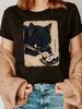 Japanese Style Black Cat Sushi Print Black T-Shirt, Cute And Fun Regular Round