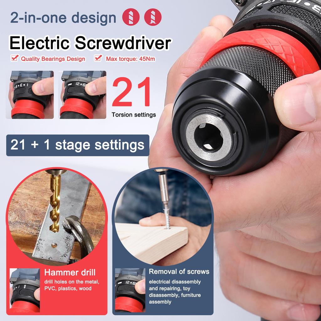 16.8V 2in1 Trapano al Litio Avvitatore Elettrico Utensile Elettrico Multifunzione Coppia 45Nm Motore Brushless Pratico Vite