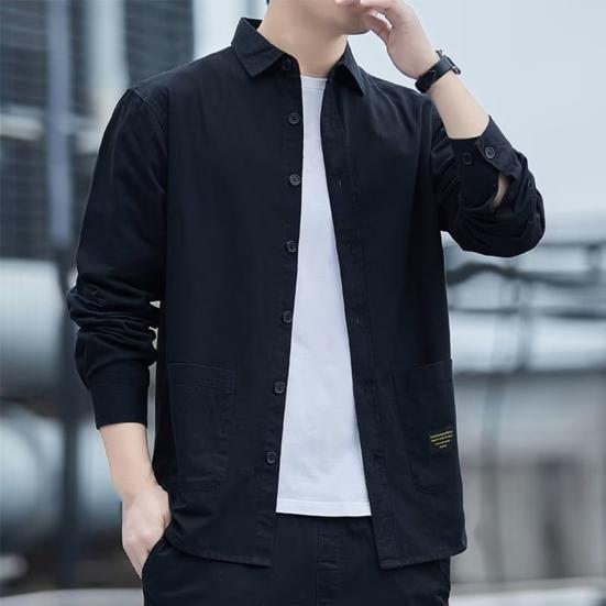 Men Autumn Shirt Double Pockets Solid Color Long Sleeves Turn-down Collar Loose Warm Single-breasted Casual Korean Style Autumn Tops for Daily Wear