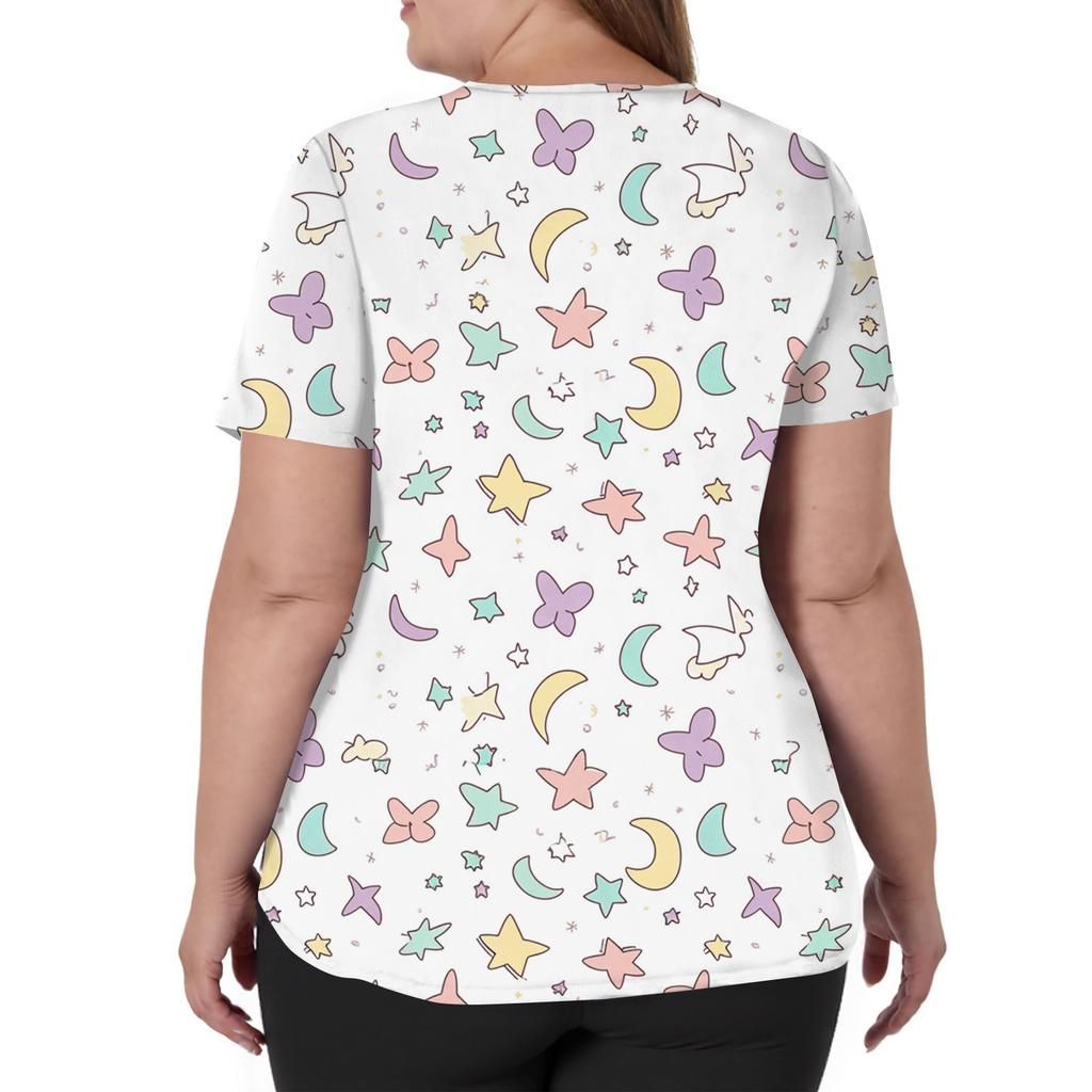 Damenmode V-Ausschnitt Kurzarm Overalls mit Taschen Print Tops Kleidung