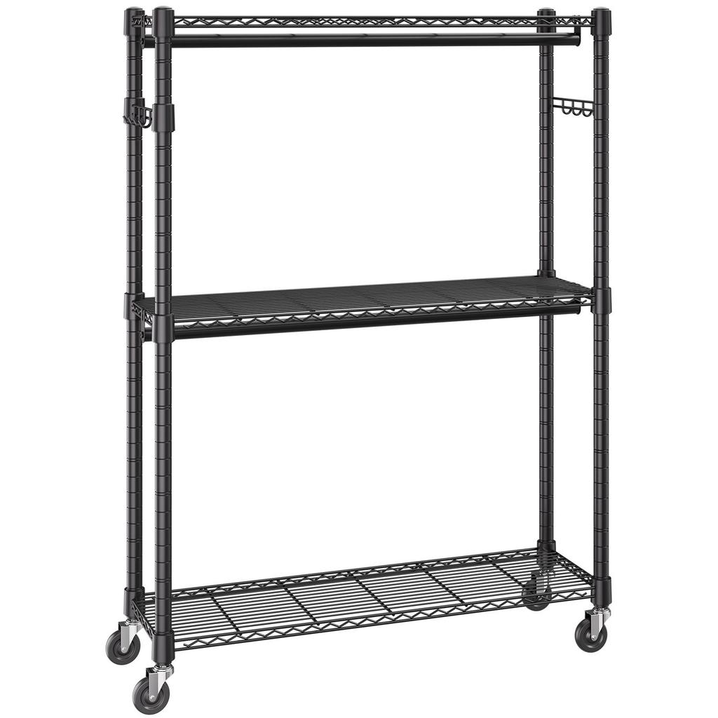 VEVOR Heavy Duty Clothes Rack, Rolling Clothing Garment Rack with 3 Storage Tiers, 2 Rods and 2 Pairs Side Hooks