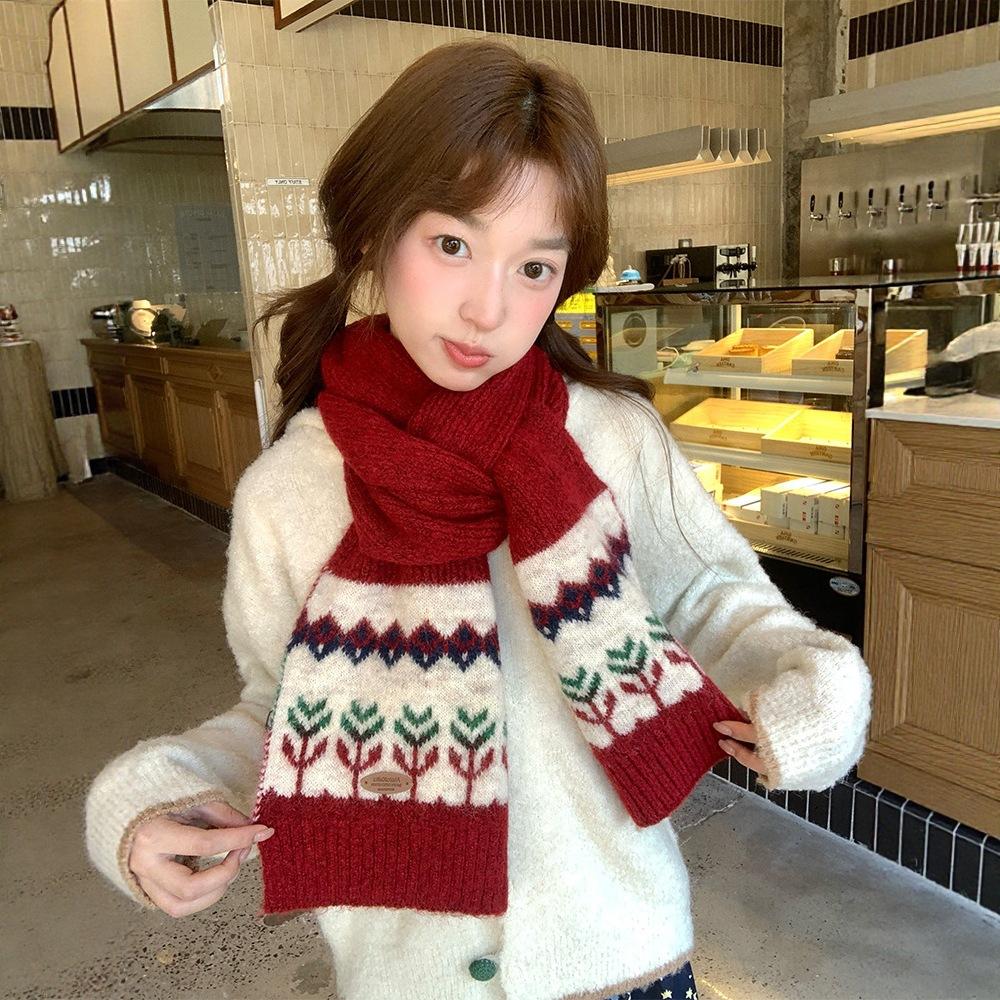 Fair Island Christmas Red Knitted Wool Scarf Women's Winter New Thickened Warm Shawl Scarf