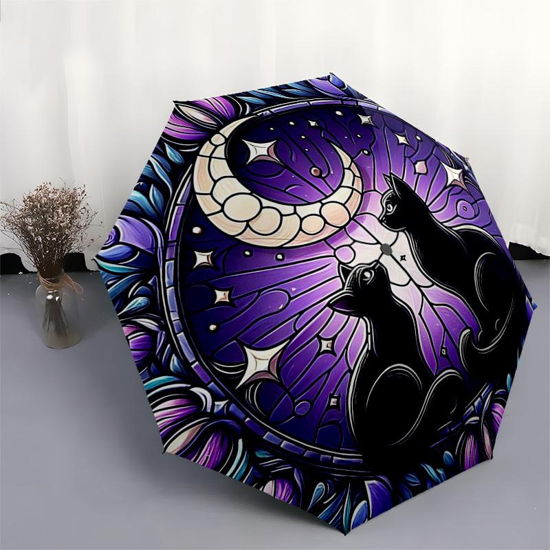 1 Stück Buntglas Katzen Mond Sterne Automatisches Öffnen Schließen Regenschirm, Tragbares Dreifach faltbares Design mit 8-Speichen Eisenrahmen, Outdoor für Fans, Reisende, Tägliche Nutzung, F
