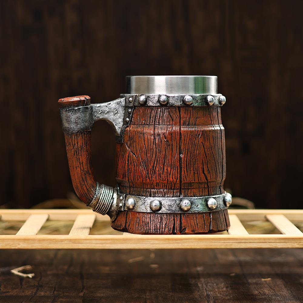 Handmade Wooden Barrel Beer Mug Viking Wood Style Beer Mug Simulation 600ml Beer Mug Double Wall Stainless Steel Resin Beer Cup