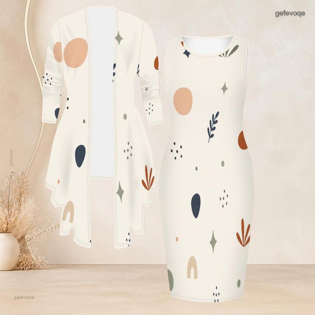 Women Plus Size Two Piece Set Printed Sleeveless Bodycon Dress Long Sleeve Open Cardigan Black Golden
