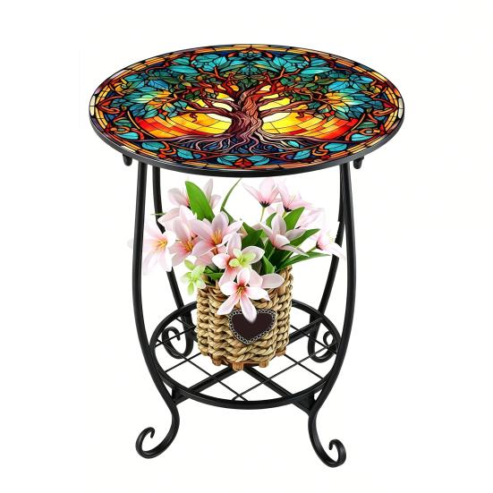 Huaqianguhh Outdoor Side Table, Round Small Mosaic Bird Butterfly Patio Accent, Indoor End Plant Coffee Tea Table for Yard Porch Garden Living