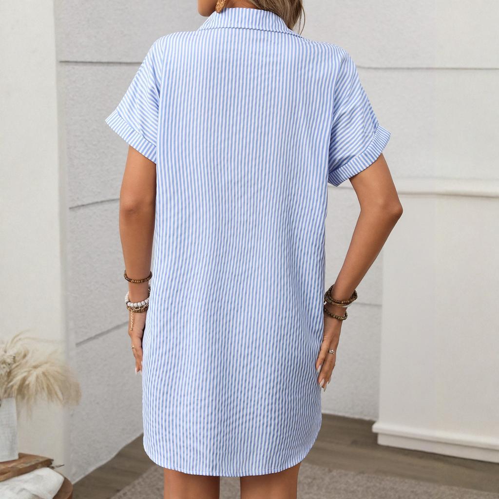 Ladies' Summer Loose Comfortable Casual Fashionable Stripe Print Short Sleeved Cotton Linen Medium Length Shirt Dress