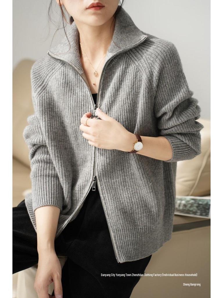 Women's European Style Pure Wool Turn-Down Collar Cashmere Cardigan with Double Zipper Knitwear.