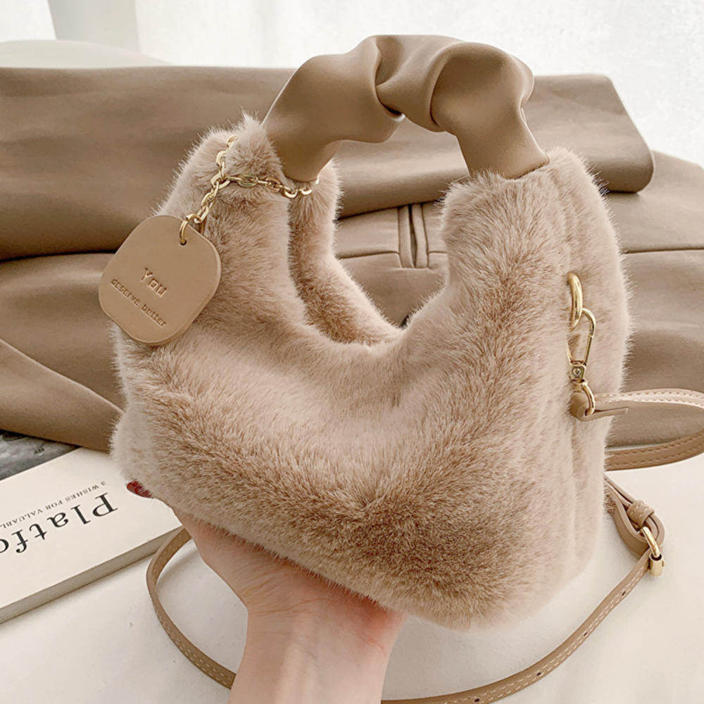 Winter Women Plush Handbag Soft Furry Clutch With Cherry Pendant Fashion Lady Shoulder Messenger Bag