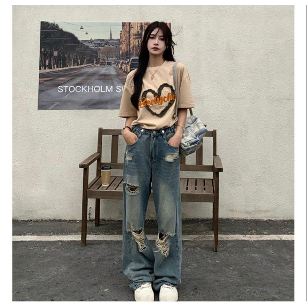 American Retro Ripped Jeans for Women High Waist Straight Loose Slimming Design High Street Vibe Wide Leg Floor-Length Pants