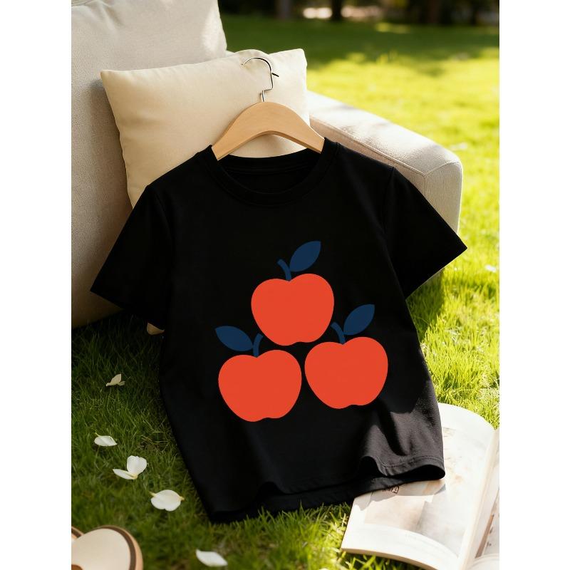 

European sizes Girls Classic Round Neck Short Sleeve T-Shirt, Casual Design with Apple Print, Sweet and Refreshing, Ideal Gift 98cm чёрный