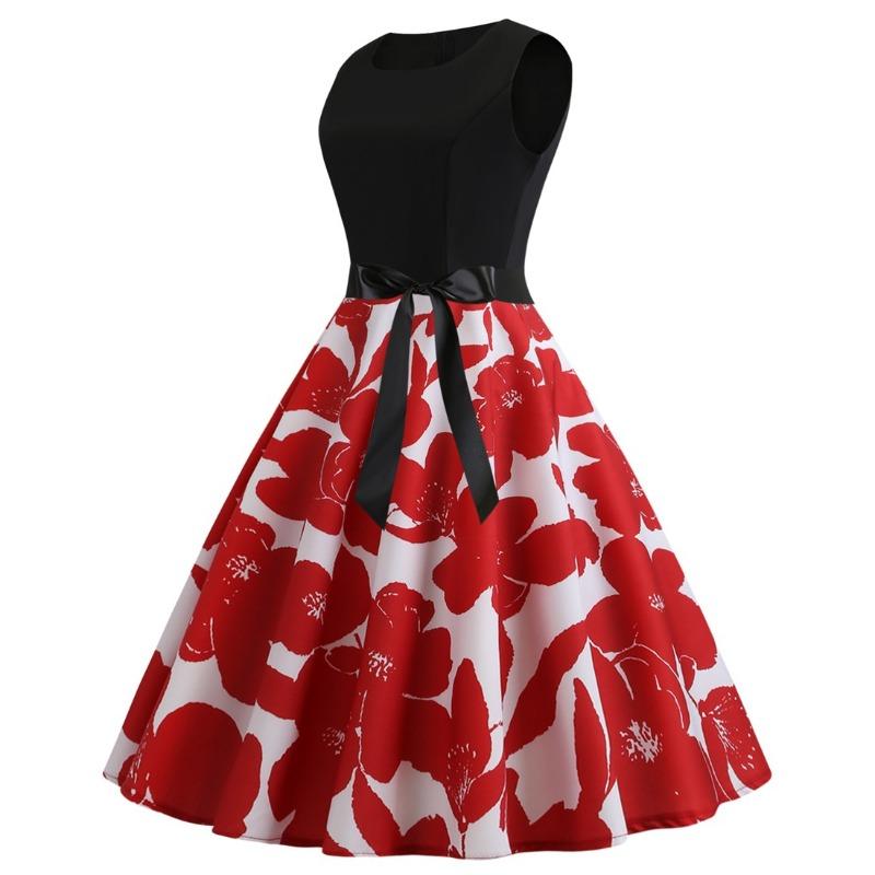 Summer new European style retro, basic round neck black ribbon big swing dress