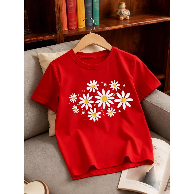 European sizes Daisy Minimalist Style Popular Quirky Round Neck Design Girls' Round Neck T-Shirt with Creative Print