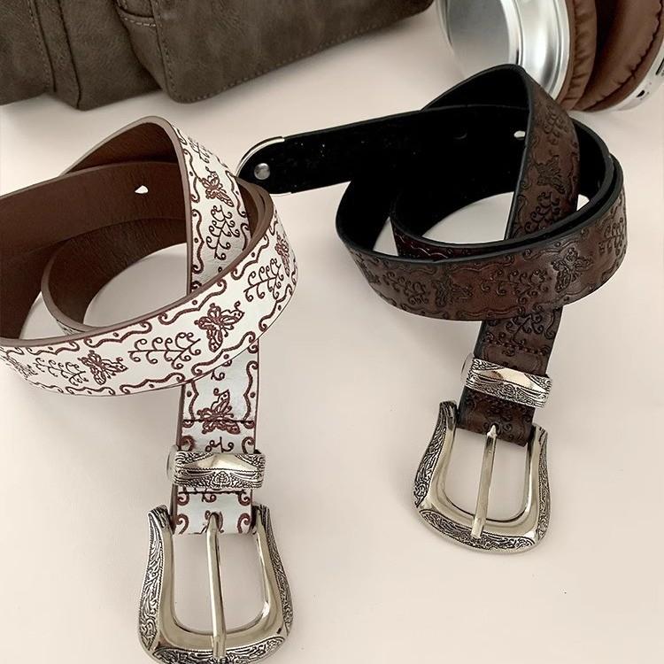 Vintage Butterfly Print Pu Leather Belt For Women With Metal Buckle For Casual Denim Accessories