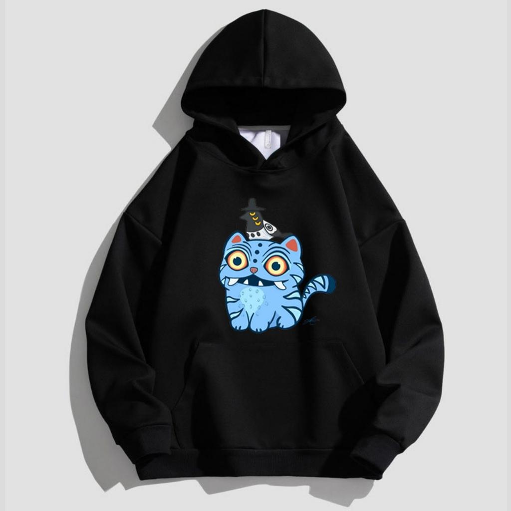 Children's Kpop Style Hooded Sweatshirt with Cute Tiger and Crow Cartoon Girl Hoodies on Top