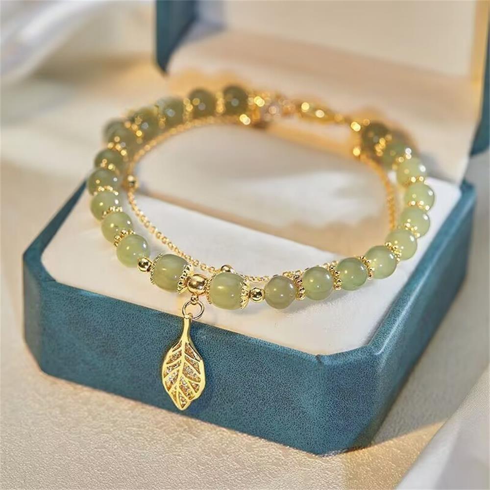 Natural Hetian Jasper Beads Bracelet Golden Branch Jade Leaves Bracelet Exquisite Sexy Girls Fashion Jewelry Bracelet Best Selling Holiday Gifts