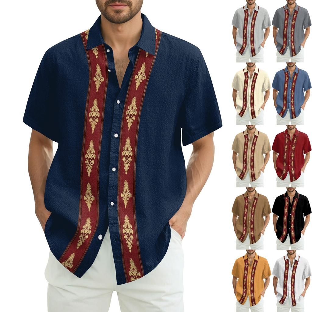 Men's Fashionable Casual Loose Striped Printed Beach Short-sleeved Shirt