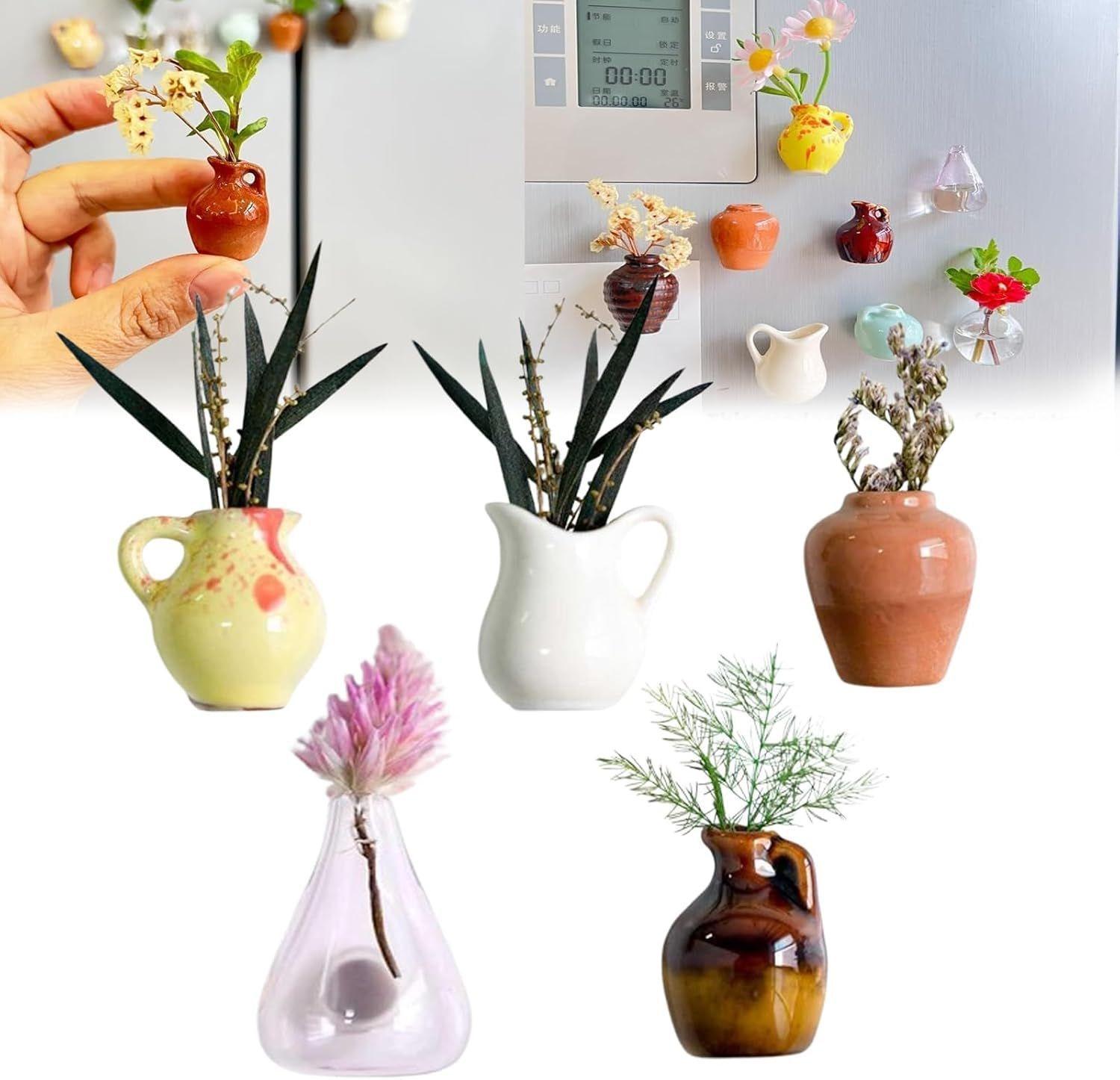 

5Pcs (no plant) Mini Ceramics Vases Magnets Strong Magnetic Hold Buds Vases Magnets for Fridge Decoration and Office Use