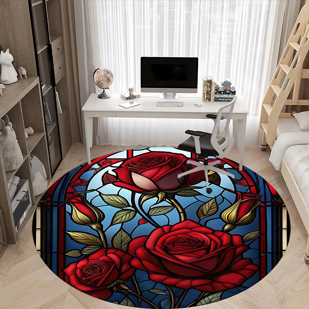 1pc Rose Window Office Round Area Rug, Under Office Chairs Bedroom Living Room Home Decor, Room Deco