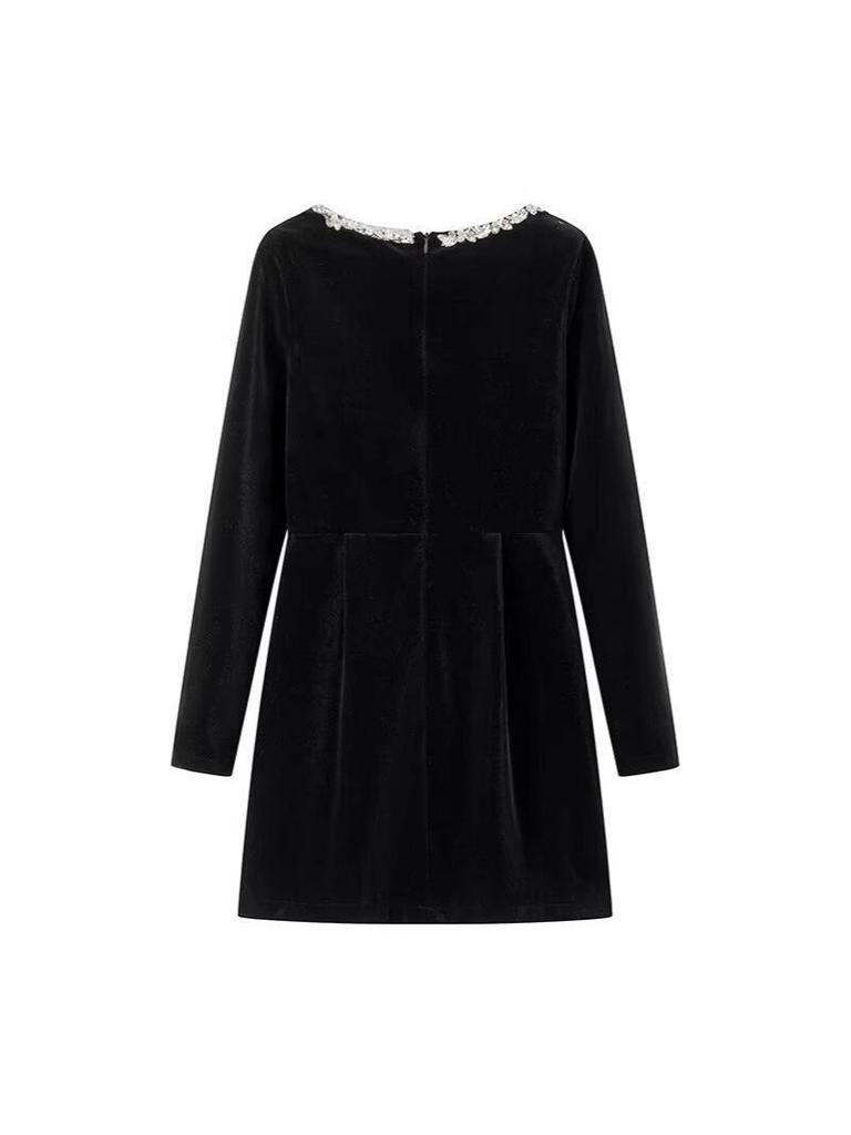 Women's Elegant Beaded Velvet Square Neck Rhinestone Long Sleeve Dress – Winter Formal/ New Year’s Dress