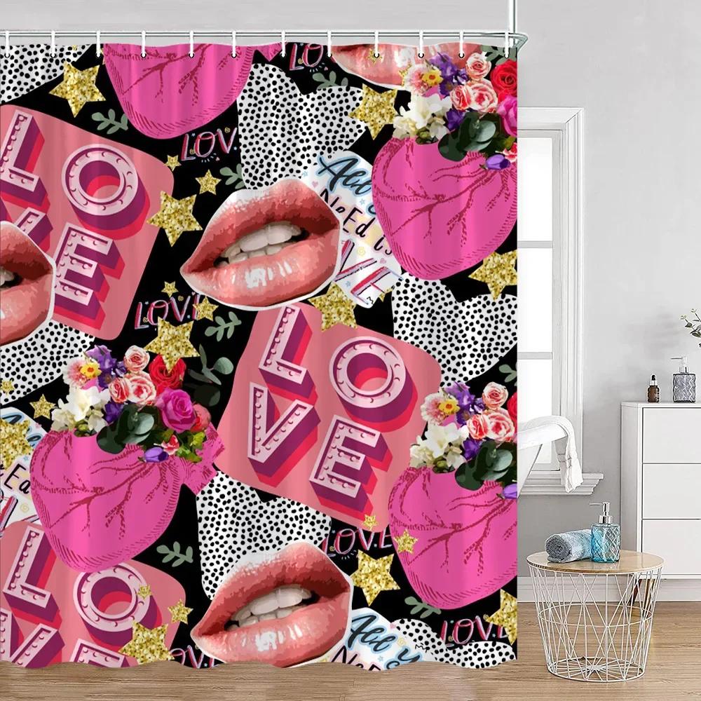 Pink Perfume Shower Curtain Cosmetic Lip Flower Panther Pattern Bathroom Decorations Shower Curtain