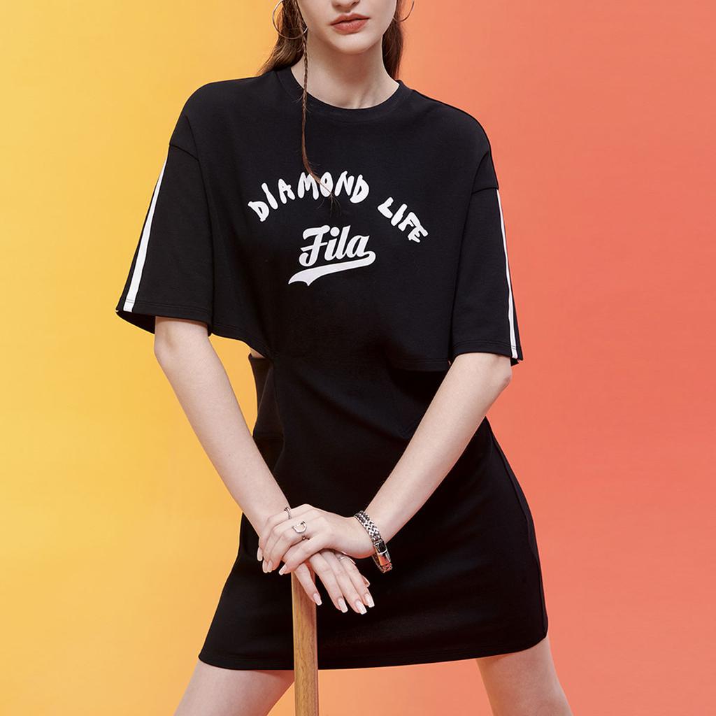 Fila Fusion Inline Letter Print Trendy Sports Slim Fit Short Sleeve Dress Women Dresses Black T11W332306F-BK
