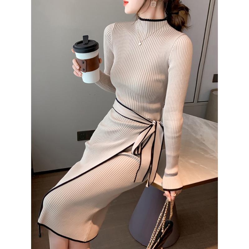 

Женское трикотажное платье, новое осенне-зимнее, облегающее, со шнуровкой, с длинным рукавом, облегающее, с юбкой-свитером, элегантное, модное, офисное, женское, Vestidos XL хаки