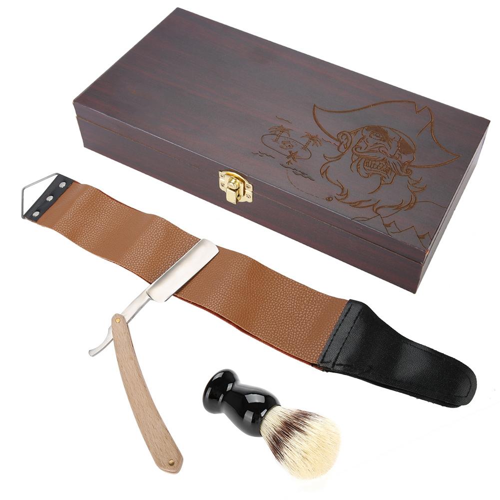3Pcs/set Shaver Kit Manual Razor Beard Brush Shaving Strop Wooden Box Gift Set