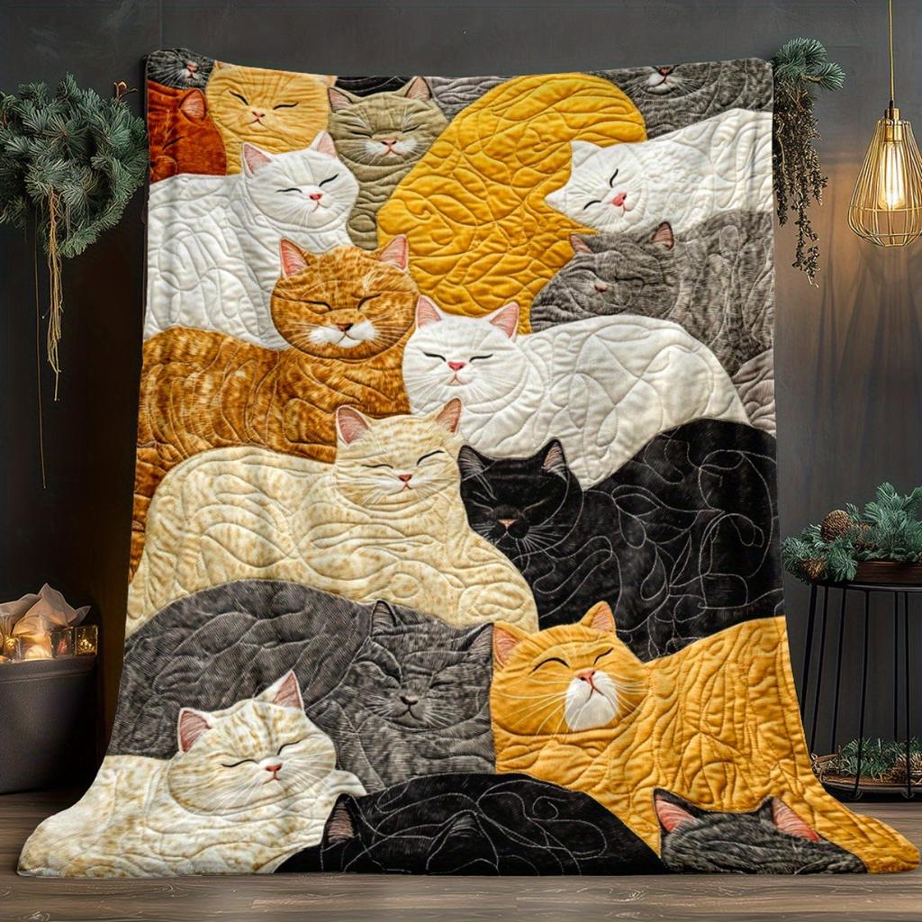 Coperta trapuntata con gatti addormentati, coperta in flanella, regalo accogliente per amanti dei gatti, decorazione per la casa, morbida e calda, biancheria da letto a tema animali domestici