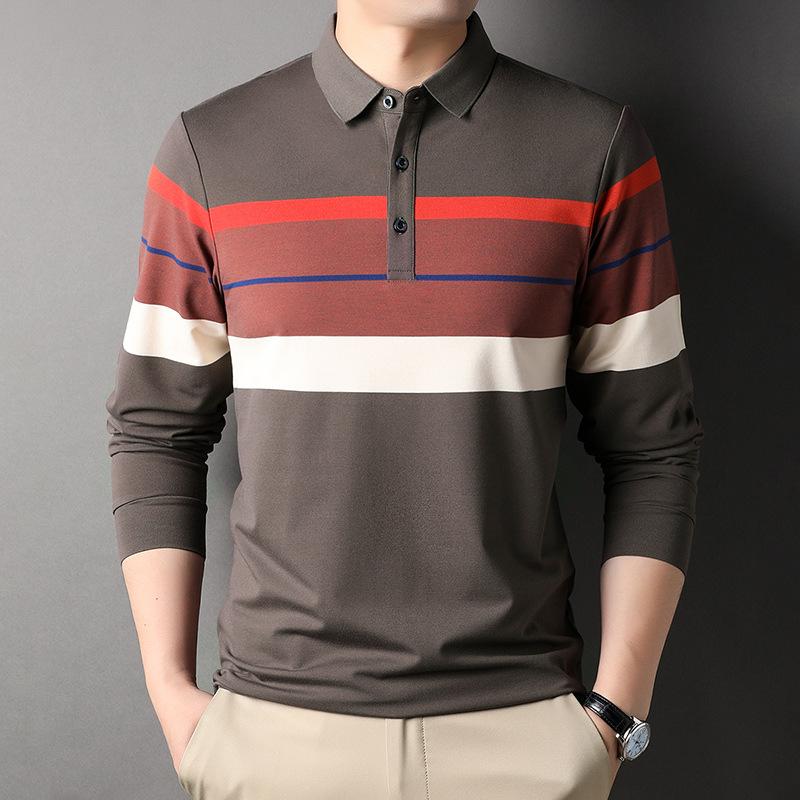 Autumn New Striped Long-staple Cotton Men's Long-sleeved Middle-aged Lapel Polo Shirt Men's Embroidered T-shirt Top
