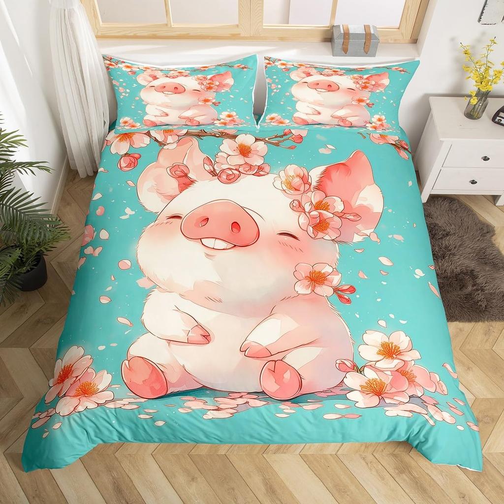 Adorable Lovely Couple Pig Soft Duvet Cover Twin King, Roses Daisy Floral Valentine's Romantic Beding Set,Carton Animal Rustic Warm Comforter Cover