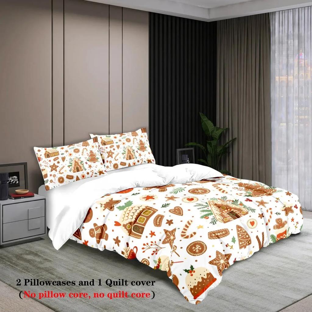 Christmas Cottage Gingerbread Man Brown Print Quilt Cover with Pillowcases Skin-friendly Warm Soft Breathable Bedding Set