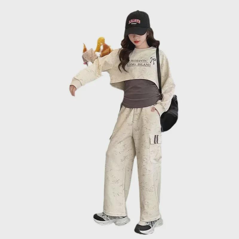 Dívčí sada podzimního oblečení: Mikina s dlouhým rukávem, overaly a sportovní oblečení s krátkým rukávem – 3dílné studentské oblečení