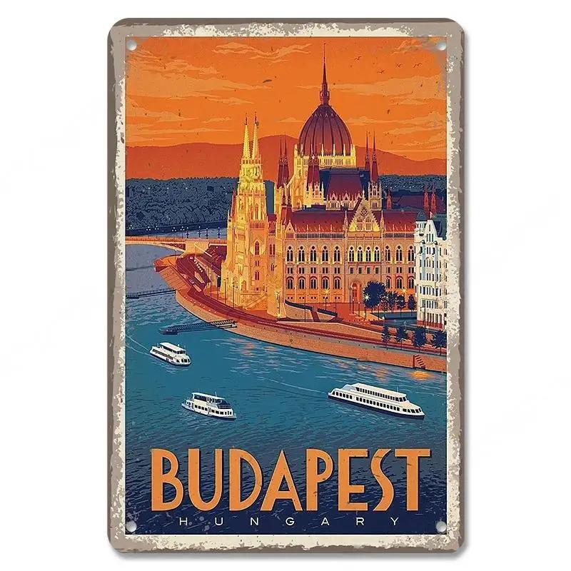 Famous City Landscape Posters Vintage Metal Signs Budapest Malta Sydney Tin Plate Retro Home Wall Art Decor Room Decoration