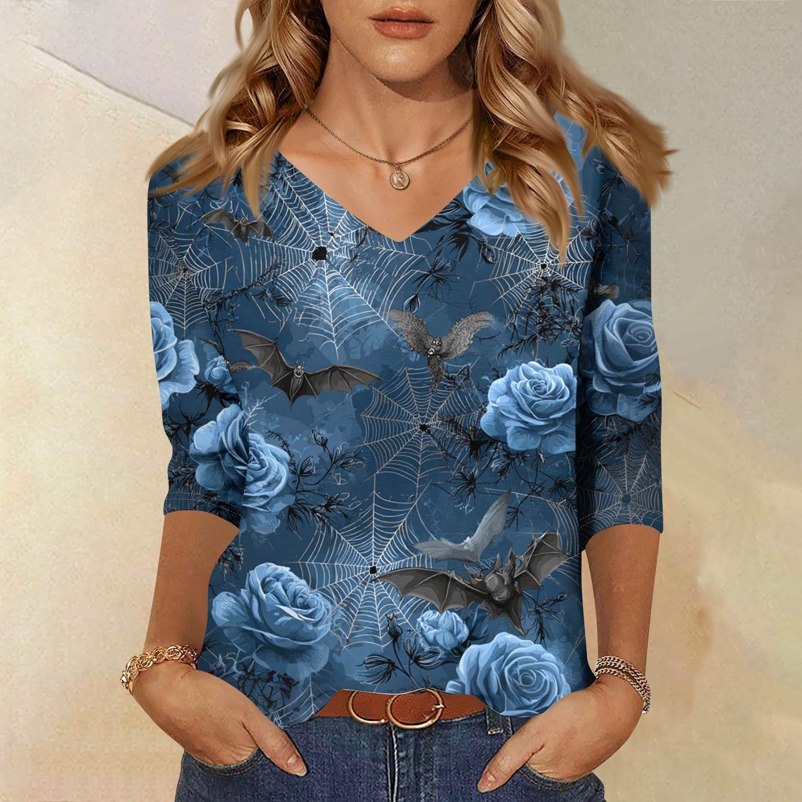 

Женские топы Рубашка с рукавом три четверти V-образный вырез Свободная повседневная рубашка Футболка с принтом XXL