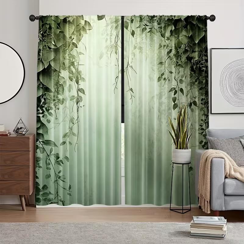 2PC Green Vine Leaf Curtains Jungle Botanical Print Light Filtering Drapes Nature Bohemian Home Decor for Living Room Bedroom