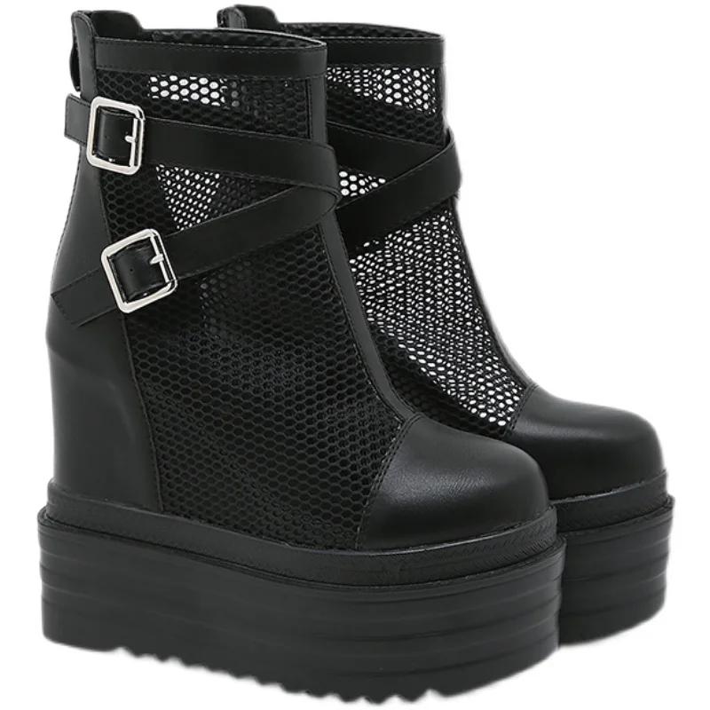 Fashion Lady Fashion High Height Increase Summer Boots Summer Platform Boots Women Breathable Genuine Leather Shoes Woman