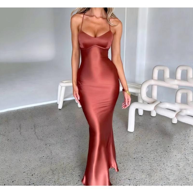 Women's Evening Dress Summer Sleeveless Backless Strap Waist Cinching Sexy Club Long Dress Women Fashion Elegant Solid Color Slim Fit Party Dresses